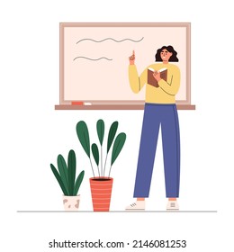 Teacher stands with raised index finger up in classroom near chalkboard and conduct lesson. Flat vector illustration isolated on white background.