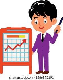 Teacher of stock market trainer or graph reader market goes up  boy character