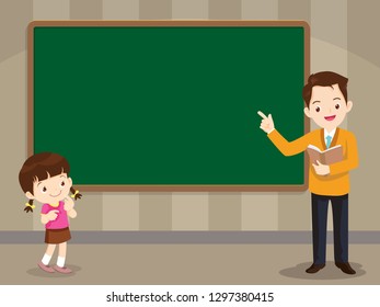 Teacher and studen girl standing in front of chalkboard with copy space for your text.