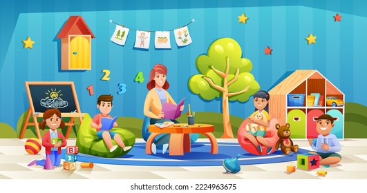 Teacher and student activity in kindergarten illustration