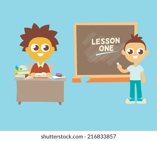 Teacher and the student at the blackboard, cartoon flat style isolated vector illustration. Design for stickers, logo, web and mobile app.