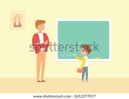 Teacher and student at blackboard solving math formulas. Boy writes algebra equations while teacher watches. Classroom scene with chalkboard, portrait, and educational atmosphere. Vector illustration.