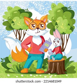 Teacher and student, boy, cover, fairy tale, character, fox and hare in the forest, school in the forest, September 1, bunny, year of the rabbit, cute, animals, illustration for children