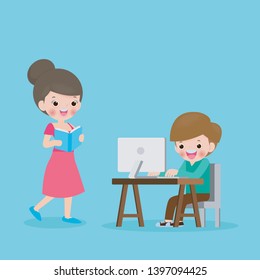 teacher and student boy learning computer. Preschool Children in a Computer Class isolated vector Illustration 