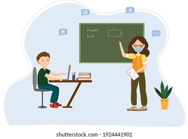 teacher and student at the class room, education at school, vector flat illustration