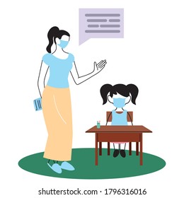 teacher and student in classroom wearing face mask vector illsutration design