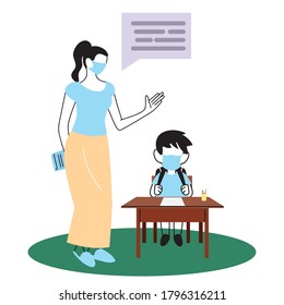 teacher and student in classroom wearing face mask vector illsutration design
