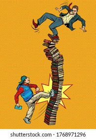 Conflicto entre profesores y estudiantes. El niño no respeta el conocimiento. Dibujo vectorial retro de arte pop vintage estilo de los años 60