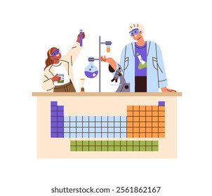 Teacher and student do chemical experiment in school lab together. Pupil studies, learning chemistry in classroom. Chemist teaches kid in science class. Flat isolated vector illustration on white