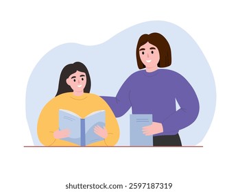 Teacher and student doing homework. Mom helping her daughter with her studies. Vector flat graphics.