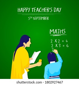 Teacher and student doing math on board. Women teacher teaching math. Student writing math table on chalkboard.