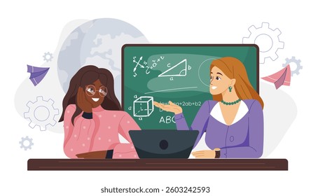 Teacher and student engaged in math lesson at desk with laptop, in front of chalkboard, geometric formulas. Background includes gears, paper planes. Concept of education tutoring. Vector illustration