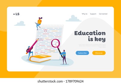 Teacher or Student Fix Grammar, Punctuation Landing Page Template. Tiny Characters with Huge Magnifying Glass and Red Pencil Edit and Correct Mistakes in Paper Test. Cartoon People Vector Illustration