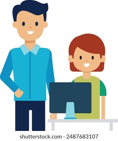 Teacher and student in front of pc vector