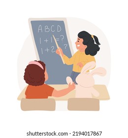 Teacher and student game isolated cartoon vector illustration. Role-playing game, toddlers imitating school lesson, child pretending teacher, holding a pointer, kid sits at desk vector cartoon.