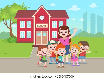 teacher and student go to school vector illustration