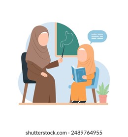 Teacher and student interacting in a learning environment flat vector cartoon illustration