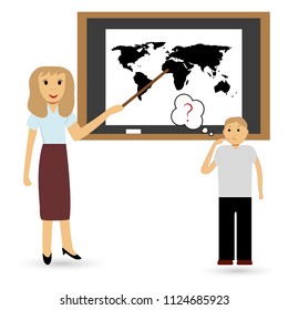 Teacher and student at the lesson of geography. Vector icon