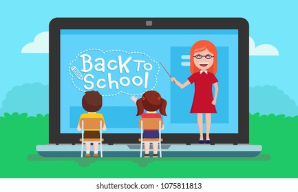 Teacher, student notebooks with screen characters back to school