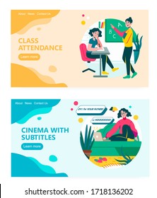 Teacher and student in school classroom. Girl sitting on cozy sofa and watching movie with subtitles. Concept illustration. Vector web site design template. Landing page website illustration.