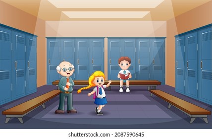 A Teacher With Student In The School Hallway Illustration