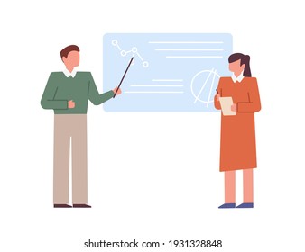 Teacher and student showing presentation at conference. People presenting and explaining information on blackboard. Education concept. Colored flat vector illustration of speakers isolated on white