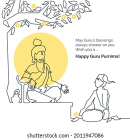 Teacher And Student Sitting Under The Tree; Creative Conceptual Geometric Cubism Style Editable Vector Graphic Line Art For Happy Guru Purnima, Teachers Day, Gurukul, Indian Ancient Teaching, Shiksha.