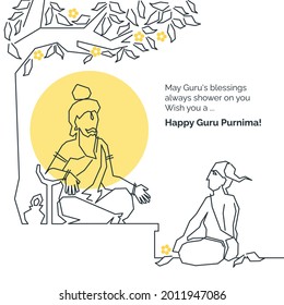 Teacher and student Sitting under the Tree; Creative Conceptual Geometric Cubism Style Editable Vector Graphic Line art for Happy Guru Purnima, Teachers Day, Gurukul, Indian Ancient Teaching, Shiksha.