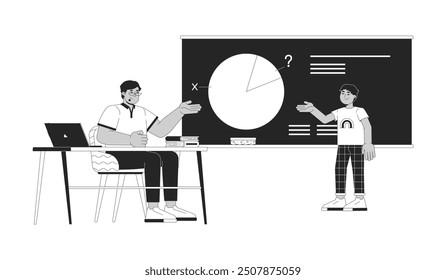 Teacher and student solving math task together black and white 2D line cartoon characters. Tutor and child at lesson isolated vector outline people. Education monochromatic flat spot illustration