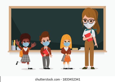 Teacher and student starting class in new normal lifestyle wearing a face mask. Back to school in quarantine.