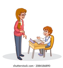 teacher and student studying in classroom vector illustration.