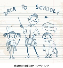 The teacher with the students. Back to school. Vector illustration.