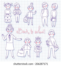 The teacher with the students. Back to school. Vector illustration.