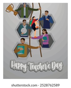 A teacher is a student's bridge to achieving success. Male students climb the stairs. Teacher's day concept. Flat vector illustration.