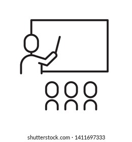 Teacher and students in class lesson. Linear vector icon. Professor education course. Simple illustration.