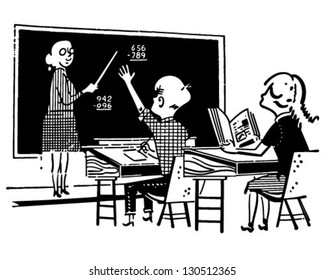 Teacher And Students In Class - Retro Clip Art Illustration