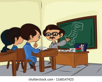 Teacher with students in class room illustration background vector pakistan map