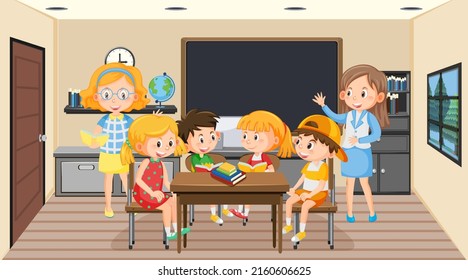 Teacher and students in the classroom illustration