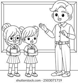 Teacher and students in a classroom outline coloring page