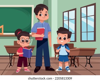 teacher with students in classroom scene