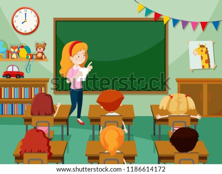 Teacher and students in classroon illustration