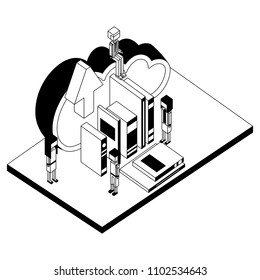 teacher and students cloud storage and books isometric