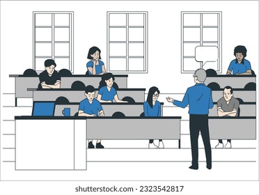 Maestros y estudiantes en la universidad. Ilustración vectorial plana de clase, auditorio con profesores y jóvenes.  profesor explicando electrónica y física a estudiantes universitarios multirraciales