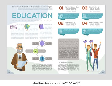 Teacher and students - colorful vector brochure template with text blocks and cartoon characters. Flyer layout with a senior teacher and happy teenagers. A4 pages of booklet, education magazine