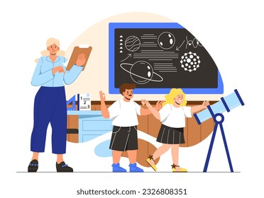 Teacher with students concept. Woman with small boy and girl in front of telescope. Education, learning and training. Astronomy and astrology, physics. Cartoon flat vector illustration
