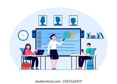 Teacher and students with devices in class vector illustration. Cartoon drawing of people using smart board, laptop and smartphone at school or university. Education, technology, knowledge concept