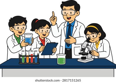 Teacher and students doing science experiment in laboratory vector illustration