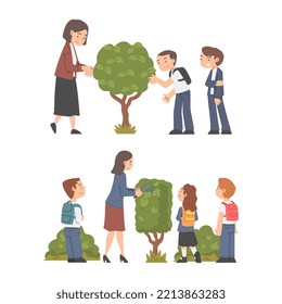 Teacher and students engaged gardening in school backyard set cartoon vector illustration
