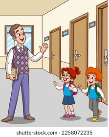 teacher and students greet at school cartoon vector 