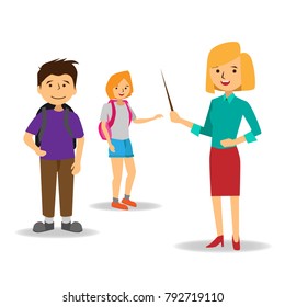 Teacher & Students Group standing on white background. Students standing. Vector Illustration